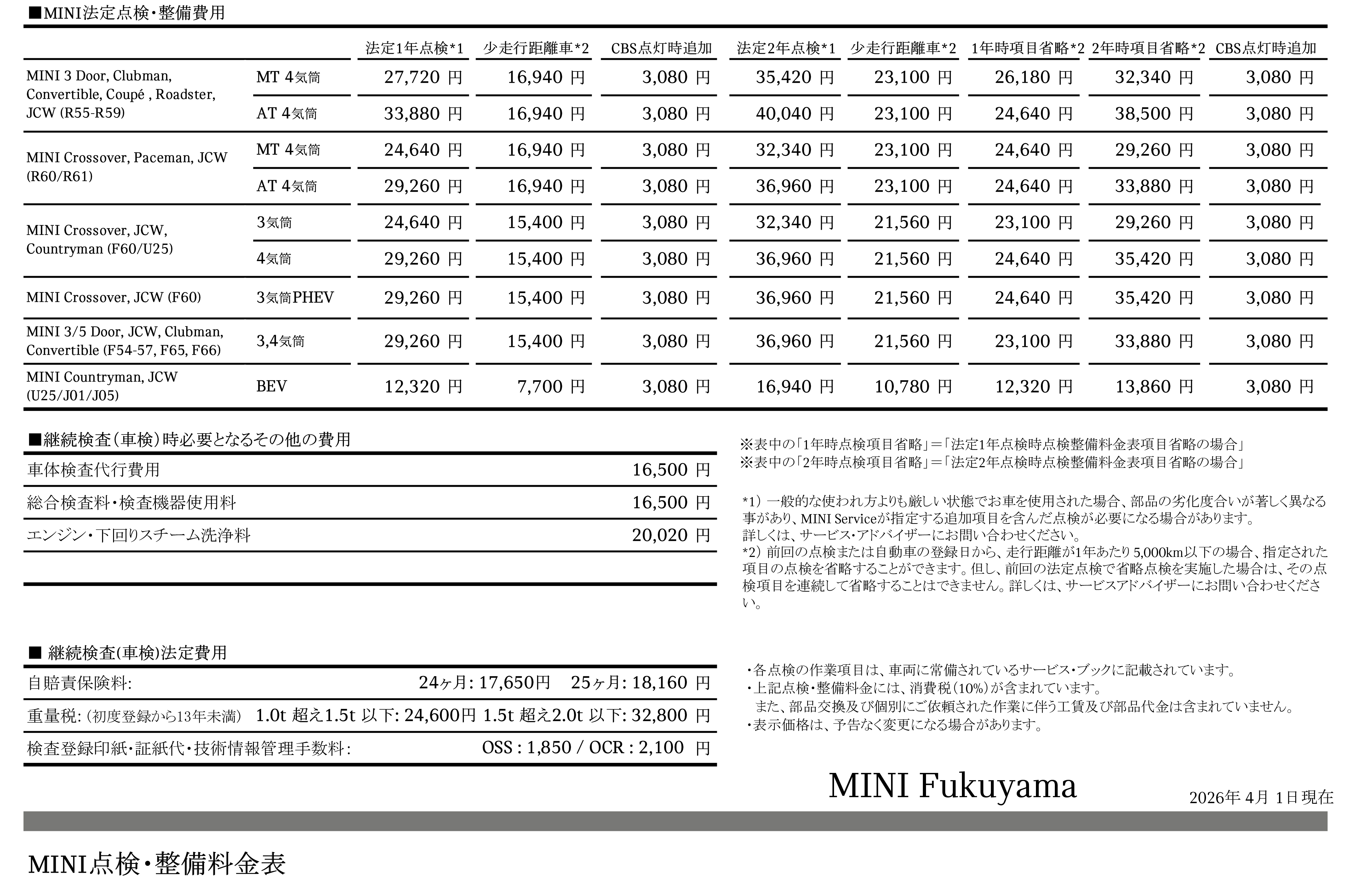 【Yamashina 】送料 点検整備料金表 | MINI 福山 / MINI NEXT 福山